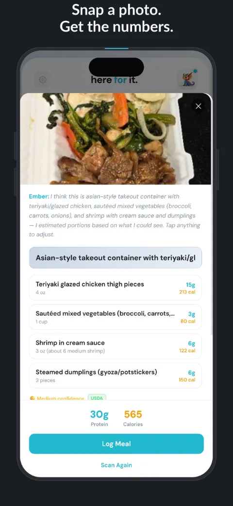 HereForIt AI meal scan identifying a meal from a photo
