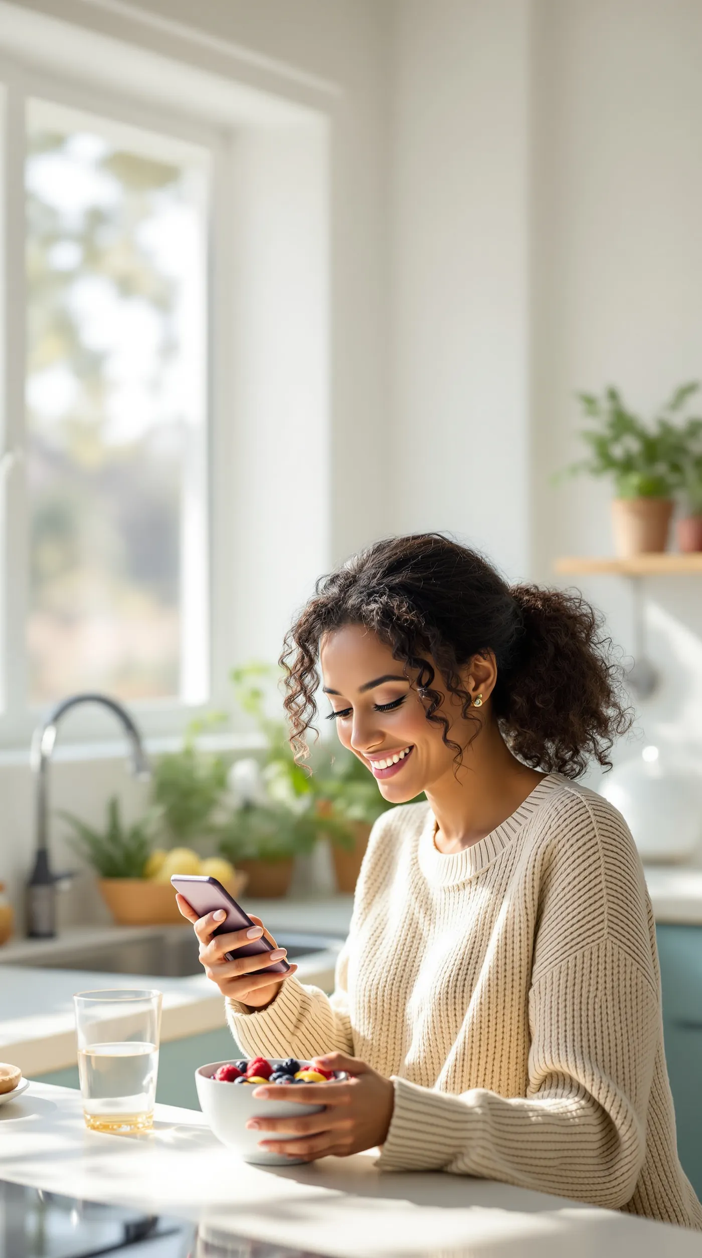 A woman smiling at her phone over breakfast in a sunny kitchen