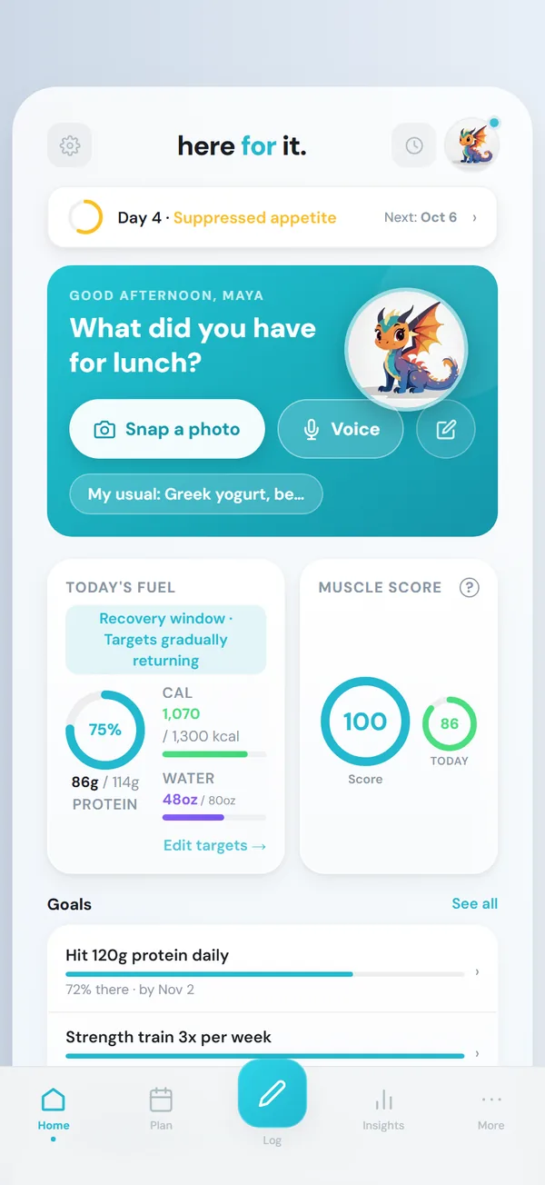HereForIt app on day 4: Ember · cycle-aware targets