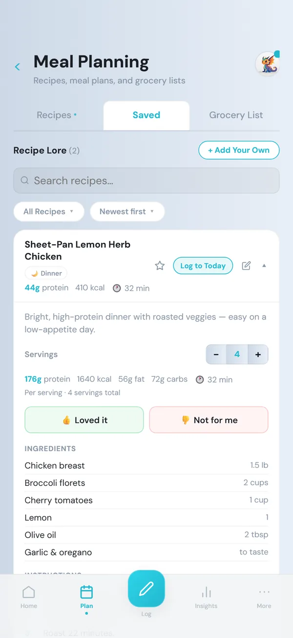 HereForIt app on day 6: GLP-1 food scores · pantry recipes